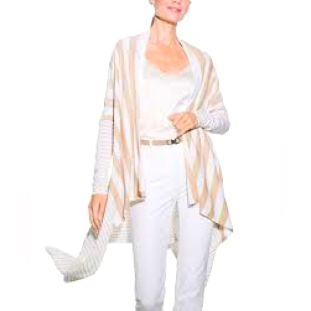 White House Black Market Stripe Waterfall Drape Front Cardigan Tan White